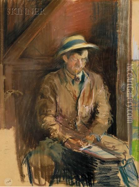 Portrait Of A Man, Possibly The Artist, And Landscape/ Adouble-sided Composition Oil Painting - Arthur C. Goodwin