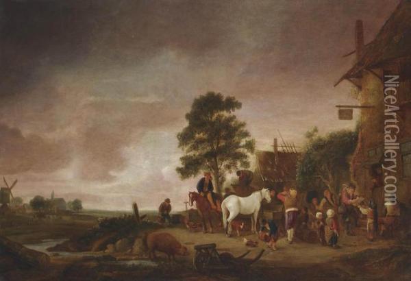 A Village Scene Outside A Tavern Oil Painting - Isaack Jansz. van Ostade