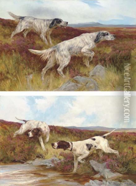 Setters On A Moor; And Pointers By A Stream Oil Painting - Arthur Wardle