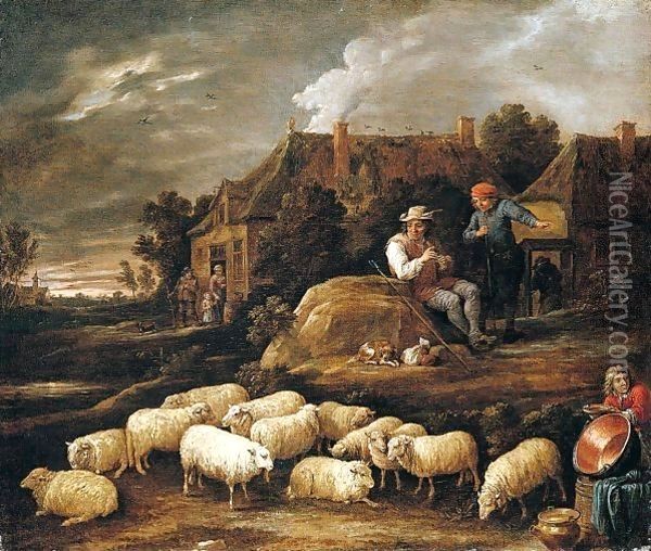 A Shepherd Tending His Sheep And Conversing With A Traveller At The Edge Of A Village, A Boy Collecting Water In The Foreground Oil Painting - David The Younger Teniers