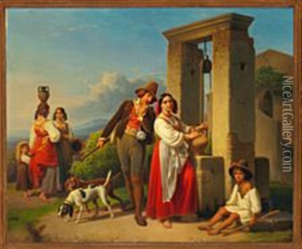 A Hunter Courting A Young Italian Woman At A Well Oil Painting - Theodor Leopold Weller