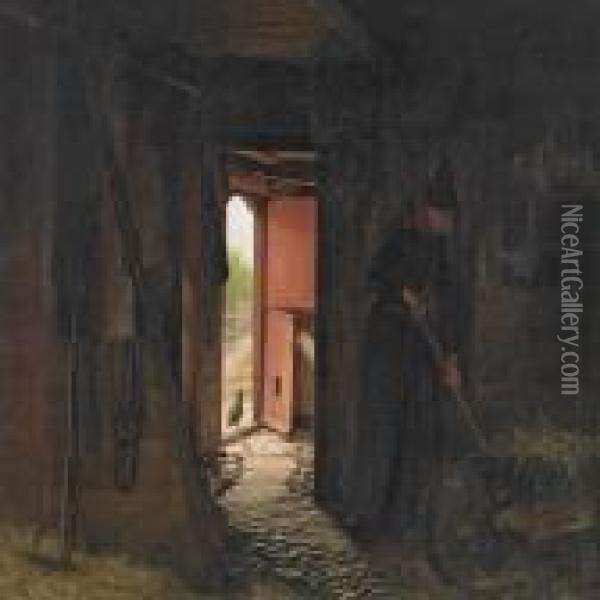 Woman In A Stable Interiorwith Light Coming Through The Open Door Oil Painting - Julius Exner