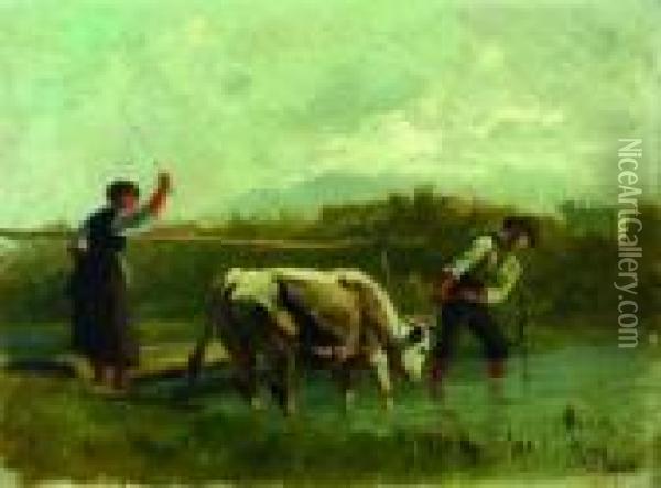 Zwei Bauern Mit Kuh. Oil Painting - Carl Roux