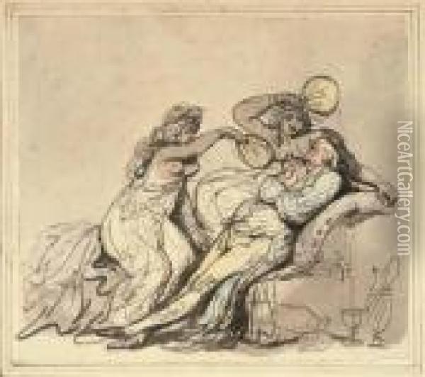 Deux Femmes Agitant Des Eventails Devant Un Homme Assis Sur Un Fauteuil Oil Painting - Thomas Rowlandson