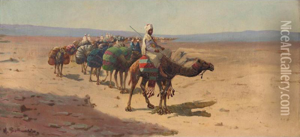 A Caravan Of Camels Crossing The Desert Oil Painting - M. Bouvier