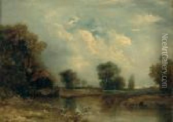 A Wooded River Landscape With An Angler On A Bank Oil Painting - John Constable