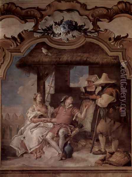 Frescoes in the Villa Vallmarana, Vicenca, Angelica and Medorus scene in the company of two farmers Oil Painting - Giovanni Battista Tiepolo