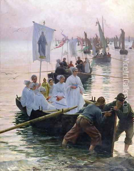 The Arrival of the Procession of St Anne from Fouesnant to Concarneau 1887 Oil Painting - Alfred Guillou