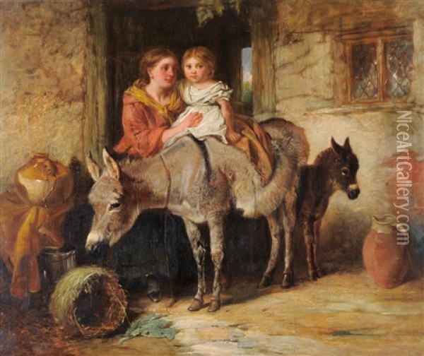 Mother And Child With Donkeys Beside A Cottage Door Oil Painting - Isaac Henzell