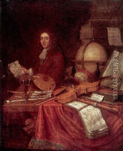 A Self Portrait Of The Artist With A Still Life Of A Globe, Books, Violins And Other Instruments Oil Painting - Willem van Mieris