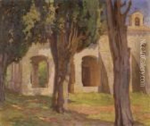 Monastery, Kessariani, Signed With Initials Km (lower Right) Oil Painting - Konstantinos Maleas
