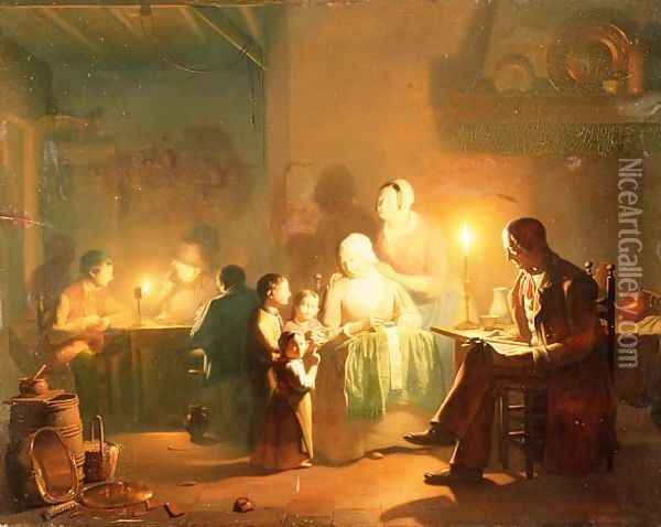 Candlelit Interior Oil Painting - Johannes Rosiere