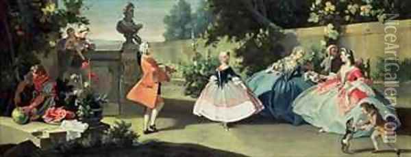 An ornamental garden with a young girl dancing to a fiddle Oil Painting - Filippo Falciatore