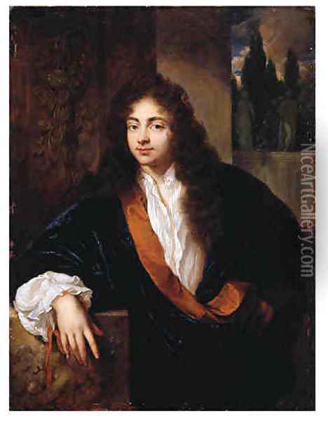 Portrait of a Gentleman, standing small half length on a balcony, wearing an orange-lined blue silk dressing-gown with lace chemise and wig, his right Oil Painting - Caspar Netscher