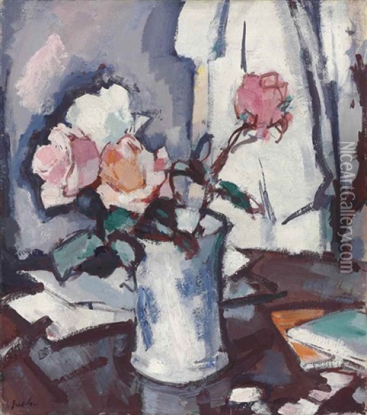 Roses In A Blue And White Jar Oil Painting - Samuel John Peploe