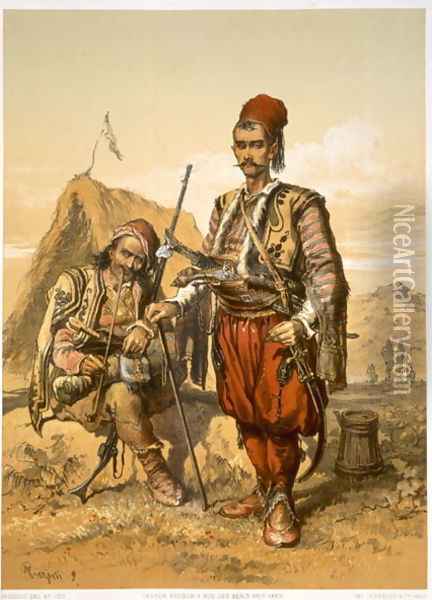 Turkish foot soldiers in the Ottoman army, pub. by Lemercier, c.1857 Oil Painting - Amadeo Preziosi