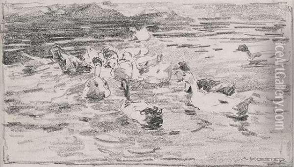 Ducks On The Water. Oil Painting - Alexander Max Koester