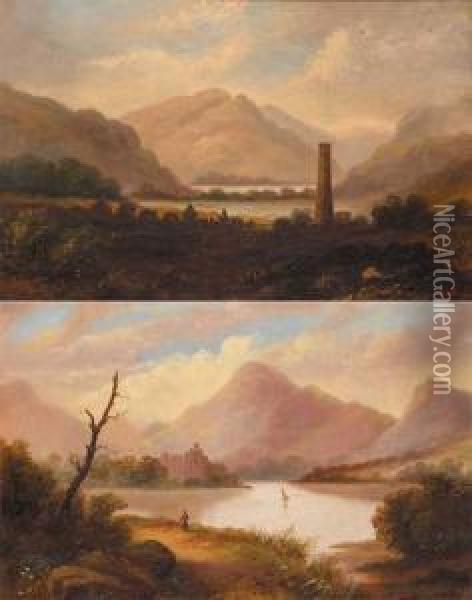 The Round Tower, Glendalough And Castle On A Lake, Possibly Ross Castle, Killarney (a Pair) Oil Painting - Joseph Peacock