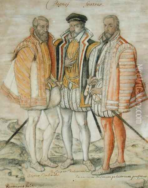 The Three Coligny Brothers: Odet (1517-71) Cardinal of Chatillon, Gaspard II (1519-72) Leader of French Protestants and Admiral of France, and Francois, Lord of Andelot, who won fame at the Battles of Dreux and Jarnac Oil Painting - (studio of) Clouet