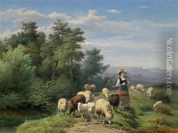 Hirtin Und Herde In Einer Weiten Landschaft Oil Painting - Jan Portielje