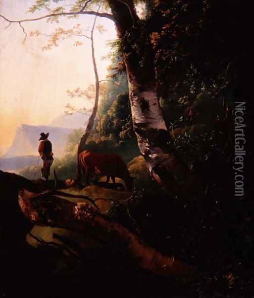 Wooded landscape with a drover and his cattle Oil Painting - Adam Pynacker