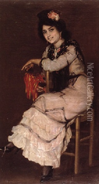Retrato De Cuerpo Entero De Mujer Espanola Con Peineta, Manton Y Castanuelas Oil Painting - Ignacio Pinazo Camarlench