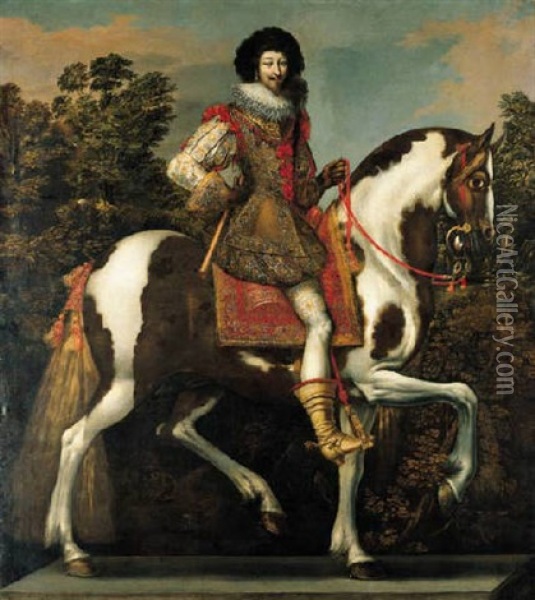 Equestrian Portrait Of A Nobleman (the Duke Of Buckingham?), In An Embroidered Coat With Red Ribbons And Lace Ruff Oil Painting - Claude Deruet