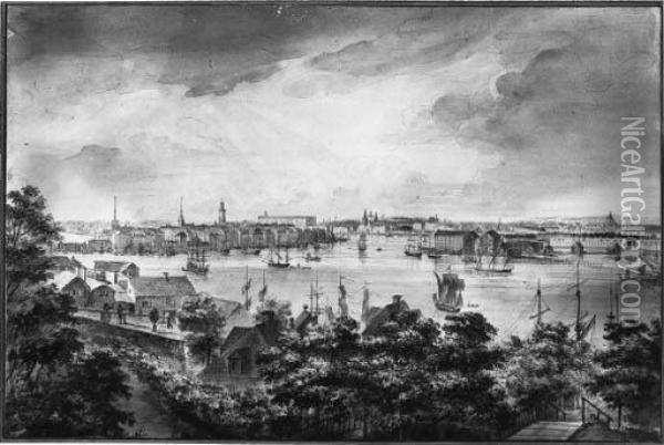 A View Of Stockholm From Soder 
With The Royal Palace, Storkyrkan,riddarholmskyrkan And Tyskakyrkan Oil Painting - Elias Martin