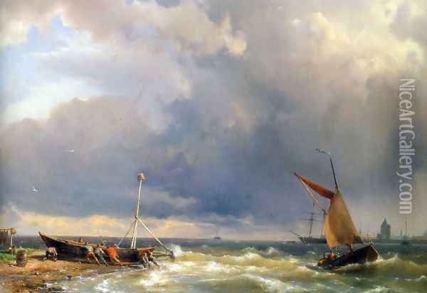 Shipping in a Stiff Breeze near Enkhuizen Oil Painting - Johannes Hermanus Koekkoek Snr