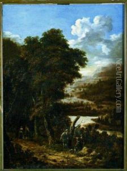 An Extensive Heavily Wooded River Landscape With Travelers Oil Painting - Willem Hendricksz Verboom