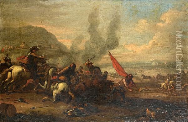 A Cavalry Skirmish Before A Hillside Town Oil Painting - Christian Reder