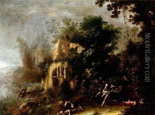 A Wooded Landscape With A Skirmish In The Foreground Oil Painting - Jacques Courtois