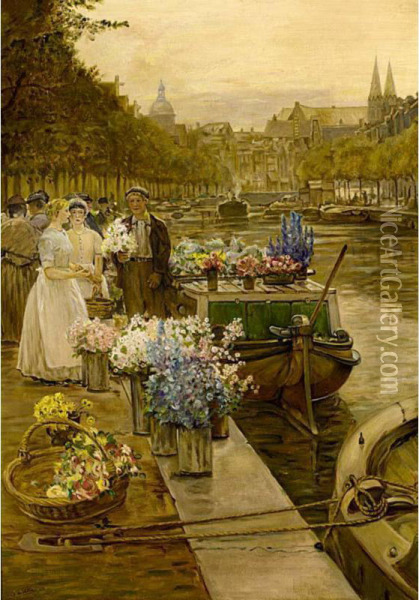 Flower Market, Amsterdam Oil Painting - Samuel De Vletter