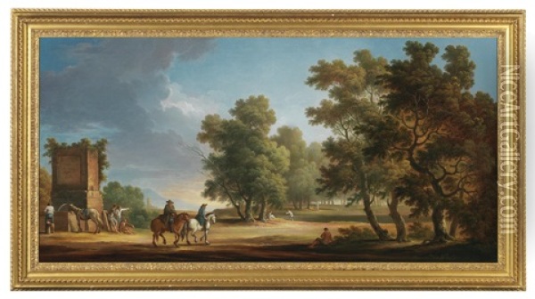 An Italian Landscape With An Ancient Well And Riders Oil Painting - Giovanni Battista Busiri