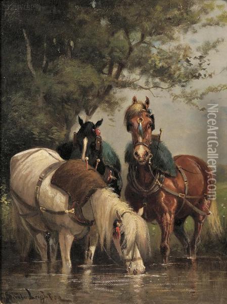 Three Cart Horses Watering At A Stream Oil Painting - Scott Leighton
