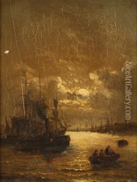 Moonlit Harbor Oil Painting - William A. Thornberry