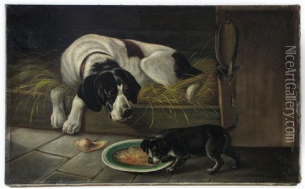 Hunting Dog And Puppy In Barn Oil Painting - Sir Edwin Henry Landseer