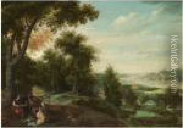 An Extensive Landscape With A Mythological Scene Oil Painting - Jacob Grimmer