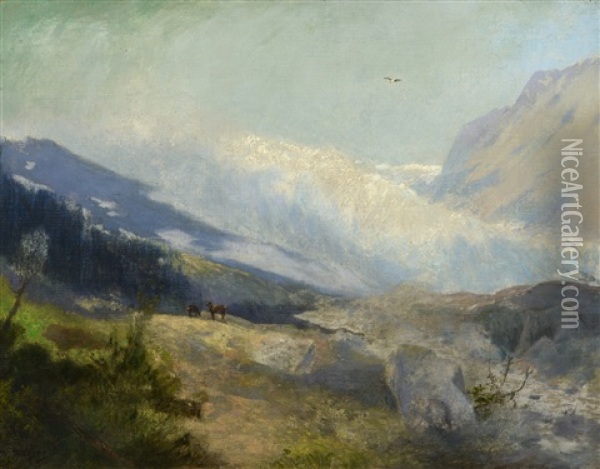 Elk Below The Glacier Oil Painting - Hermann Herzog
