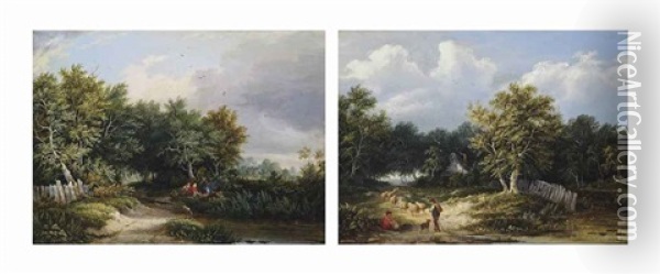 A Drover And His Flock On A Wooded Path (+ Travellers On A Country Road; Pair) Oil Painting - Edward Williams