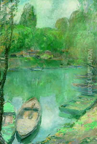 Boats Moored on a Pond Oil Painting - John Henry Twachtman