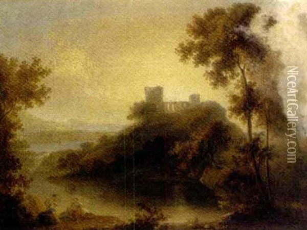 Figures In A Landscape With A Ruined Castle Beyond Oil Painting - William P. Sherlock