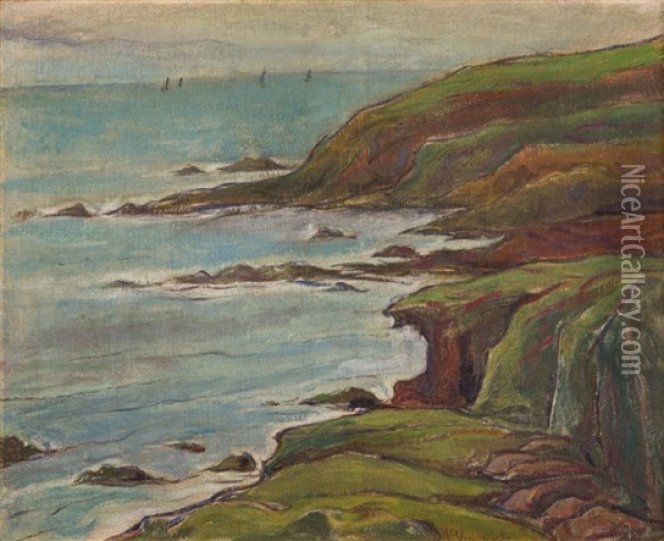 Rocky Ocean Shore In Brittany Oil Painting - Wladyslaw Slewinski