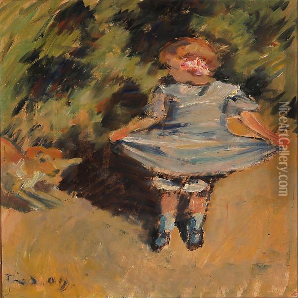 A Little Girl And Her Dog Oil Painting - Ludvig Find