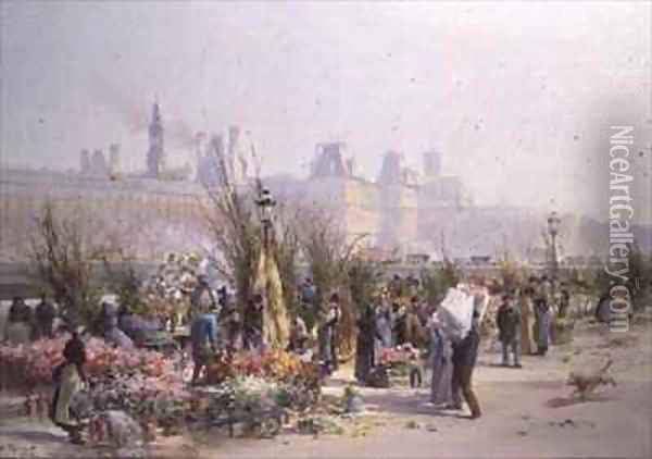 Flower Market by the Seine Oil Painting - Georges Fraipont