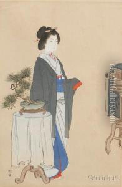 Beauty With Bosai Before A Camera Oil Painting - Shodo