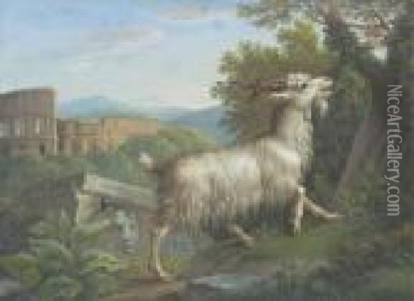 A Goat Eating By The Colosseum, Rome; And A Stag Eating, A Lakebeyond Oil Painting - Jacob Philipp Hackert