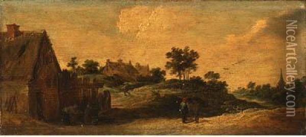 Peasants Talking On A Path, A Washerwoman Before A House, A Churchbeyond Oil Painting - David The Younger Teniers