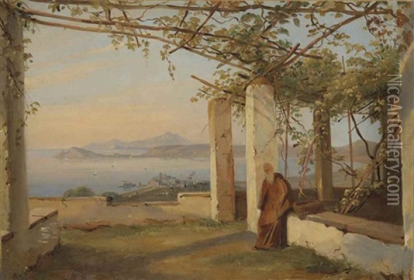 Vue De Vico Pres De Naples Avec Un Moine Oil Painting - Antoine-Victor-Edmond Joinville