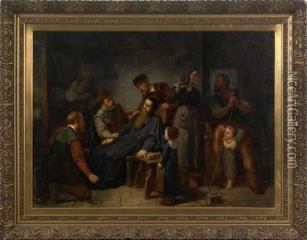 Auguste De Pinelli(french, B. 1823), Oil On Canvas Interior Scene With Figures, Signed Lower Right ''a. De Pinelli'', 39'' X 51''. Oil Painting - Auguste de Pinelli